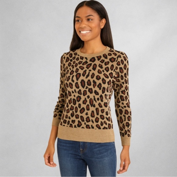 Ann Taylor Leopard Print Womens Sweater S Wool Blend Crewneck Animal Print - Picture 1 of 9